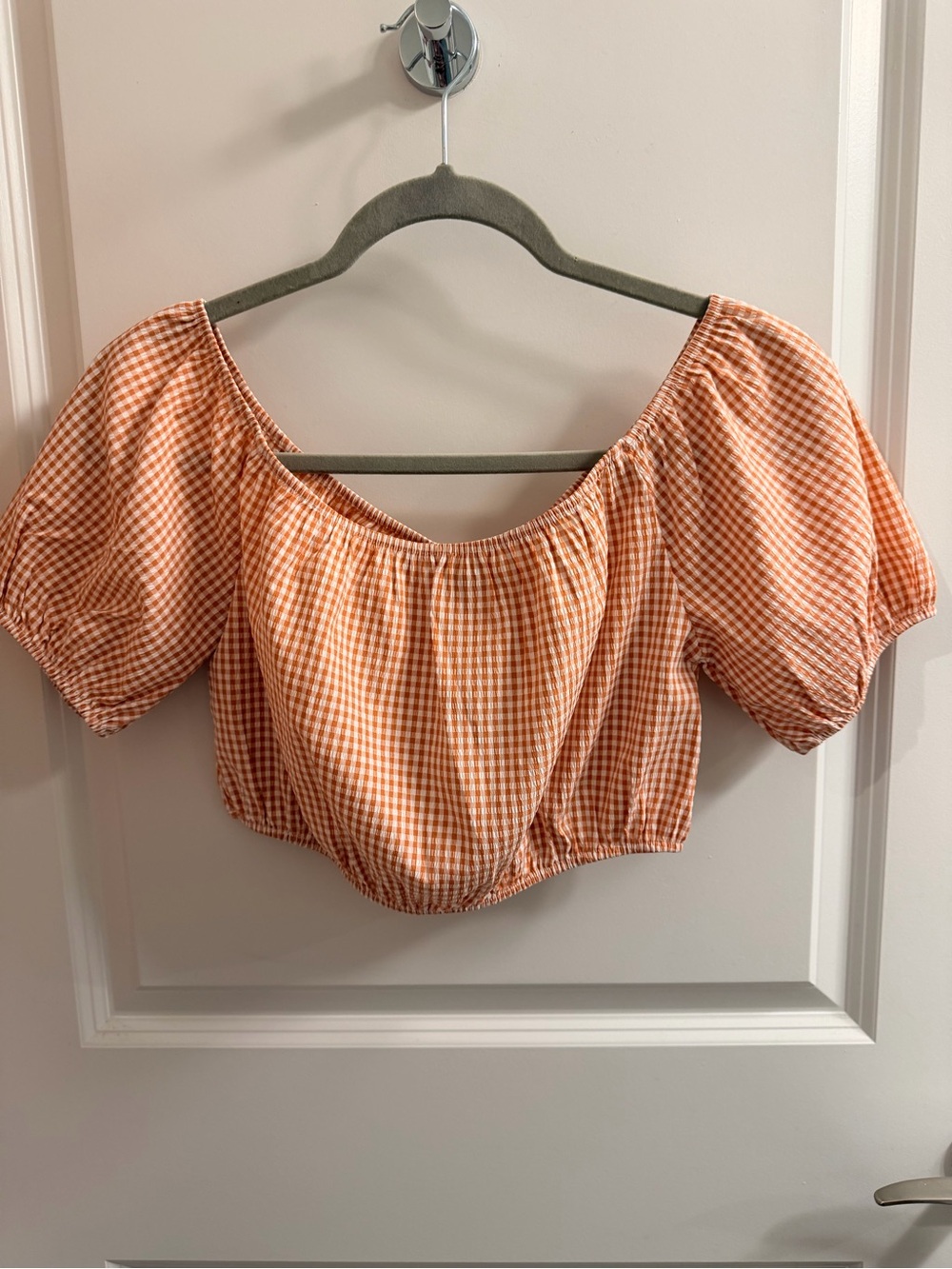 Lulu's Orange Gingham Puff Sleeve Crop Top